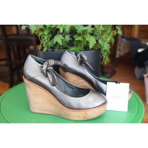 NWOB CHLOE METALLIC leather ANKLE TIE WEDGE PLATFORM SHOE SIZE 37 (taco600
